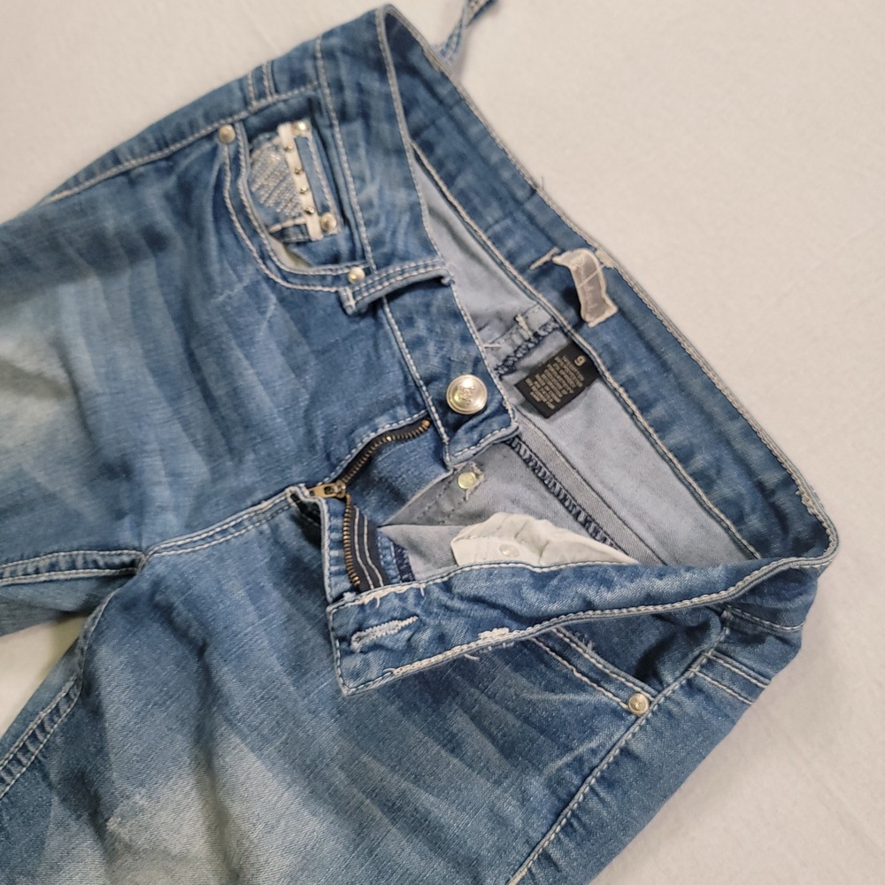 Soundgirl Bootcut Jeans Womens 9 Blue Distressed Fleur De Lis Embellished Y2K